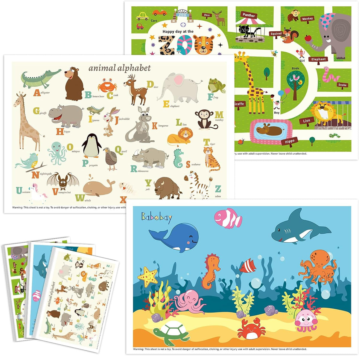 Babebay disposable baby placemats front view of sixty pack packaging.