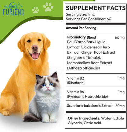Herbal pet allergy relief drops for reducing scratching and skin redness