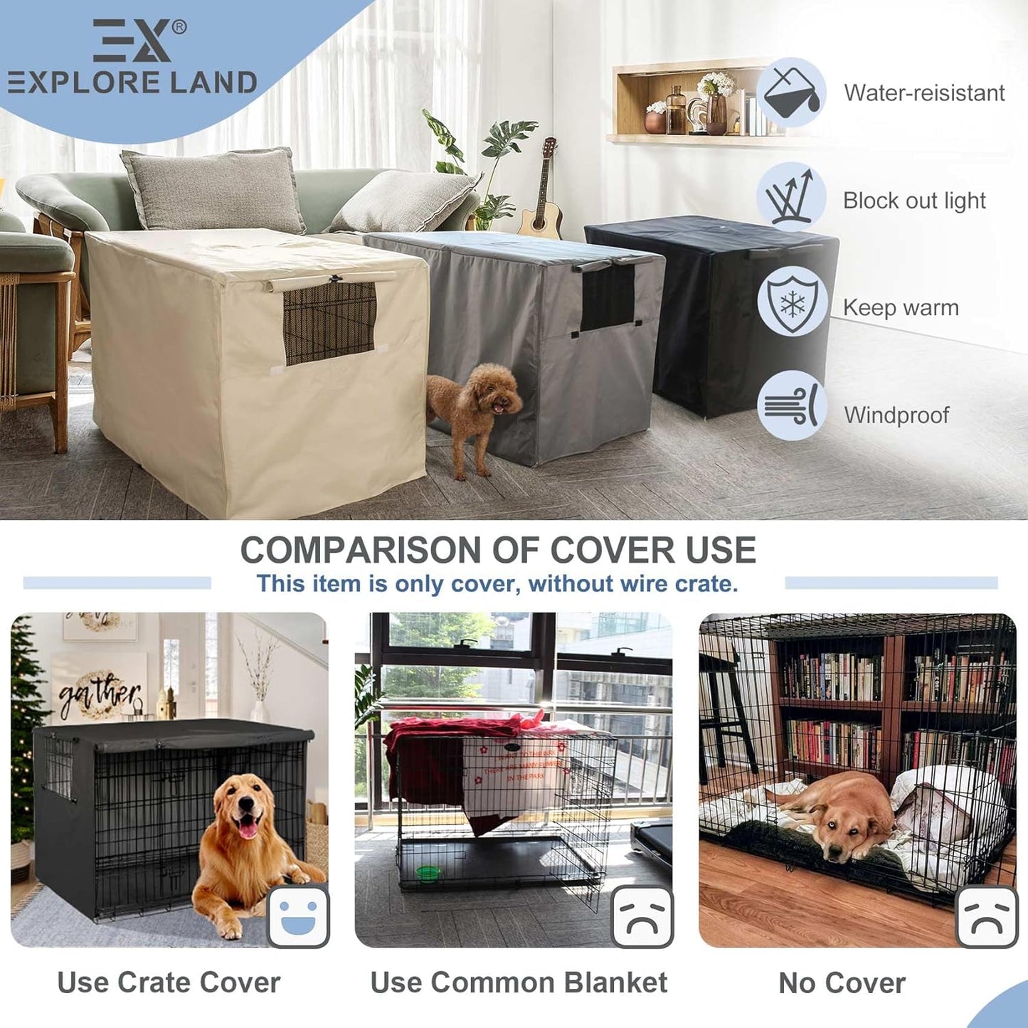 Explore Land 600D Oxford polyester dog crate cover top view detailing handle zipper access