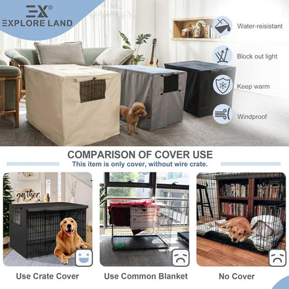 Explore Land 600D Oxford polyester dog crate cover top view detailing handle zipper access