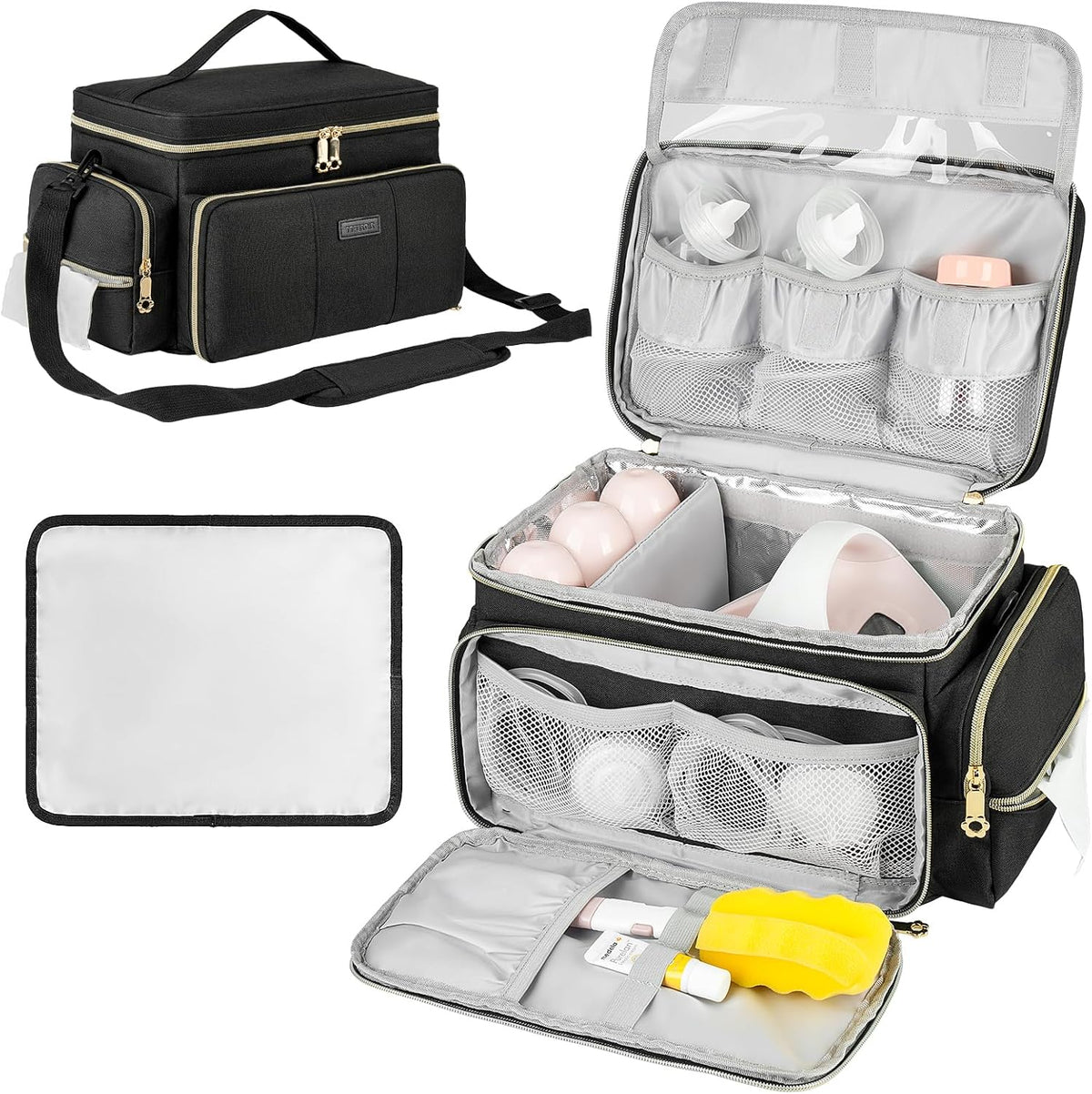 Ziozertt breast pump bag front view showing premium black travel storage case for mothers.