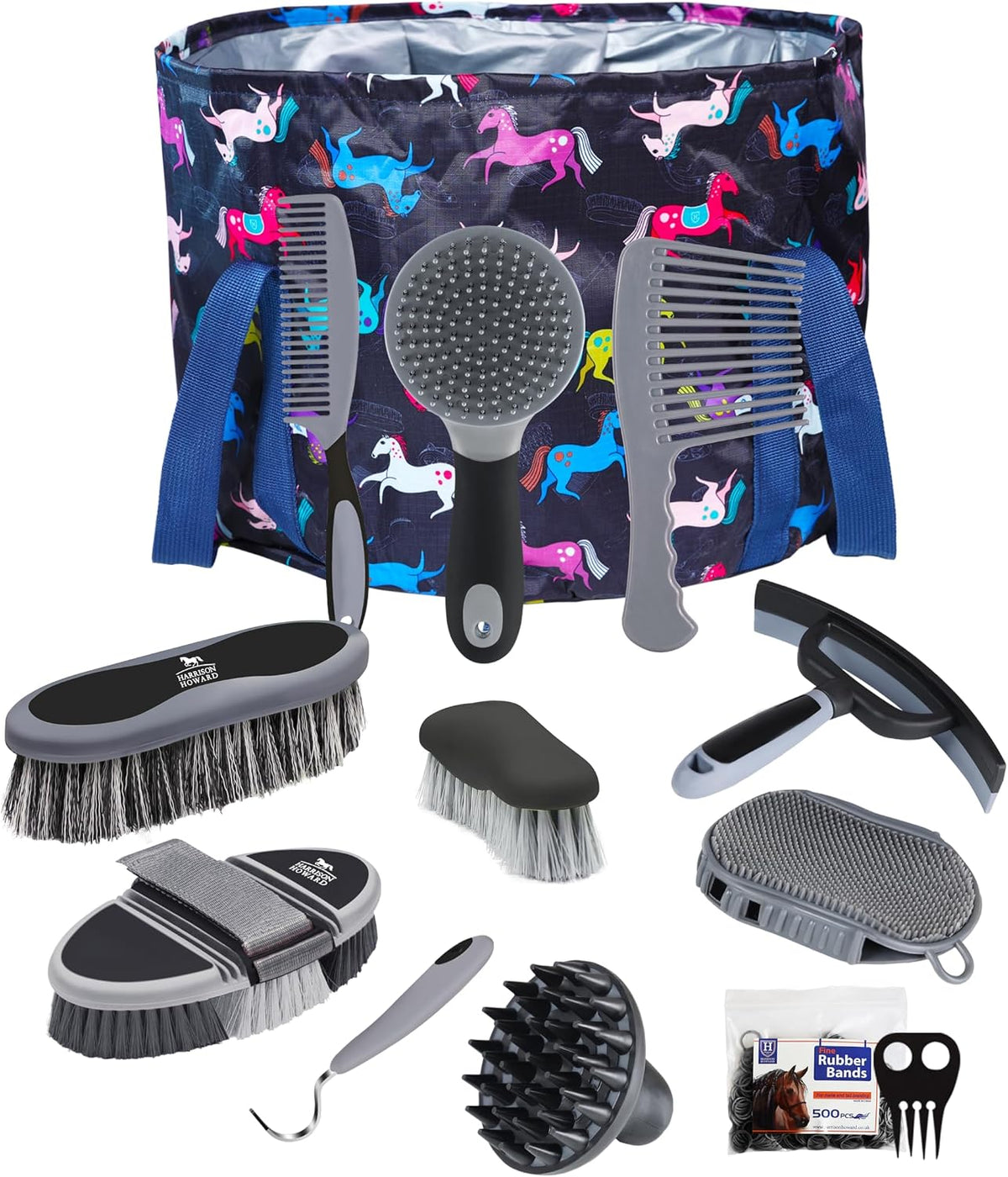 Harrison Howard 11-piece horse grooming set with black brushstroke ponies tote bag.