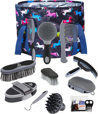 Harrison Howard 11-piece horse grooming set with black brushstroke ponies tote bag.