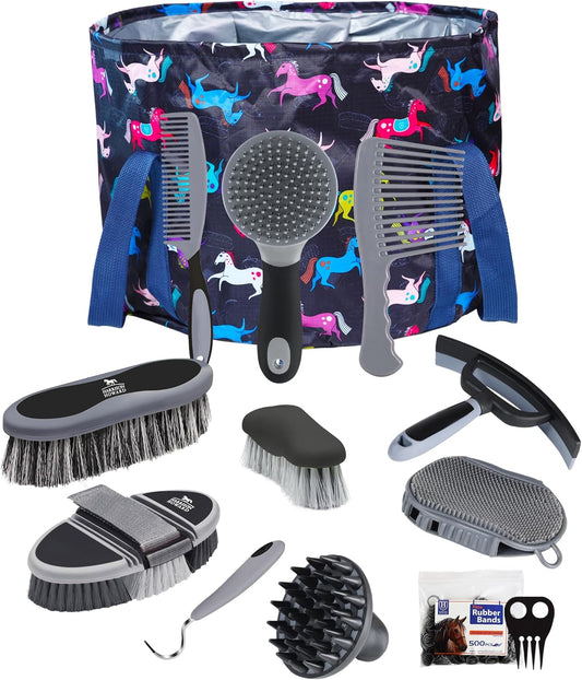 Harrison Howard 11-piece horse grooming set with black brushstroke ponies tote bag.