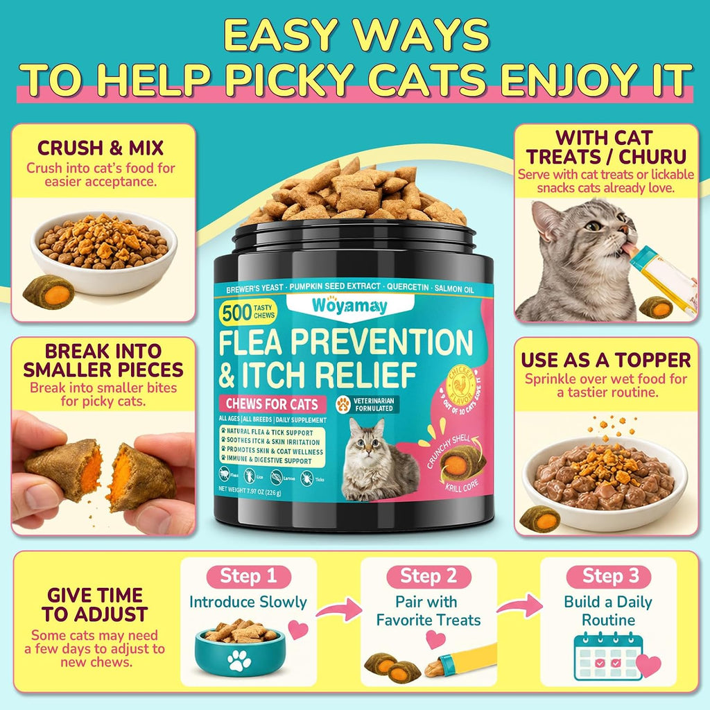 Woyamay Flea Treatment for Cats & Itch Relief Chews, 500 Crunchy Cat Flea Treatment Chews, Cat Itchy Skin Relief, Cat Itching Relief & Skin Care, Flea Prevention for Cats, Chicken Flavor - Image 10