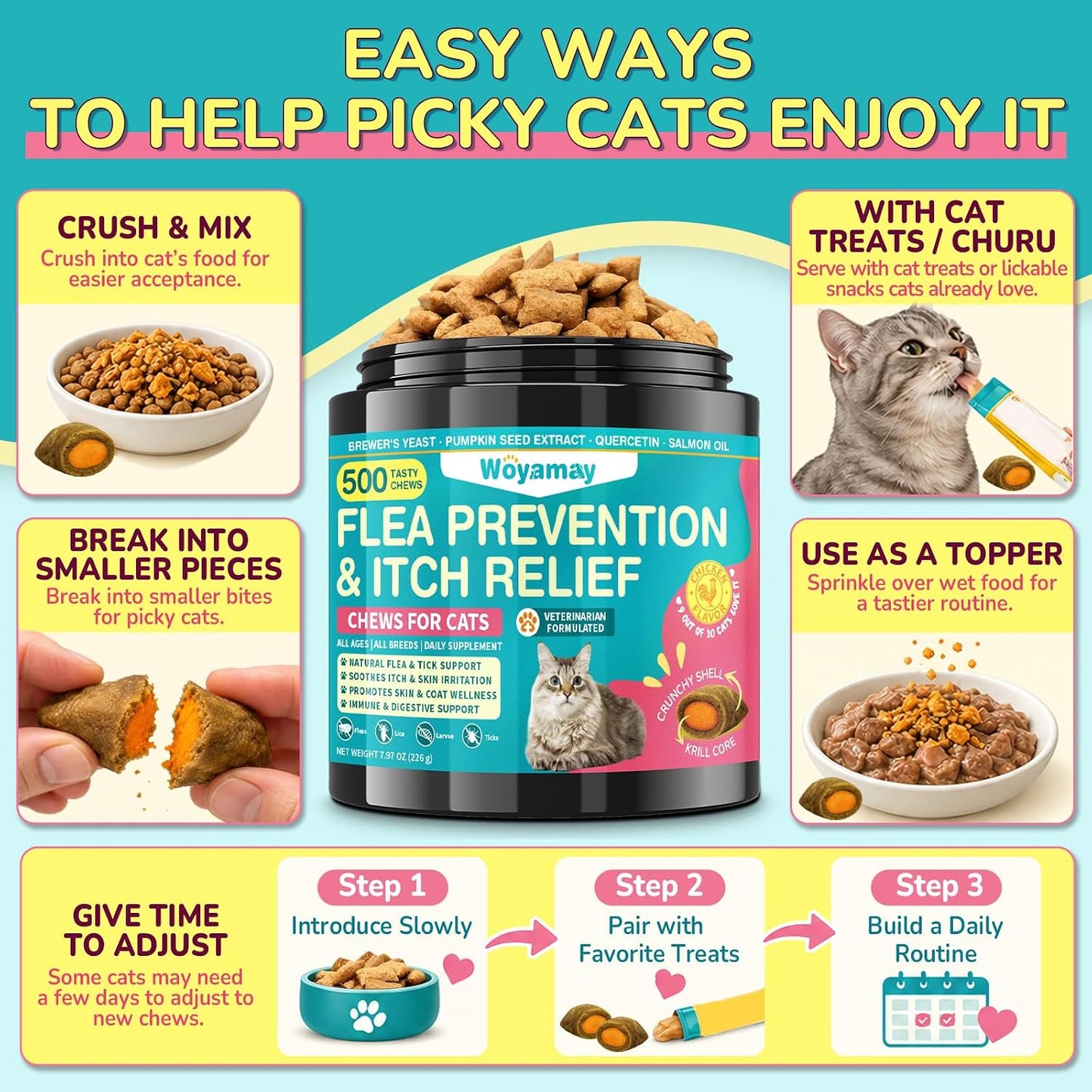 Woyamay Flea Treatment for Cats & Itch Relief Chews, 500 Crunchy Cat Flea Treatment Chews, Cat Itchy Skin Relief, Cat Itching Relief & Skin Care, Flea Prevention for Cats, Chicken Flavor - Image 10