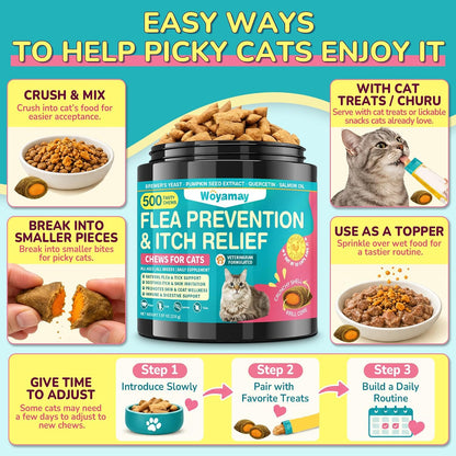 Woyamay Flea Treatment for Cats & Itch Relief Chews, 500 Crunchy Cat Flea Treatment Chews, Cat Itchy Skin Relief, Cat Itching Relief & Skin Care, Flea Prevention for Cats, Chicken Flavor - Image 10
