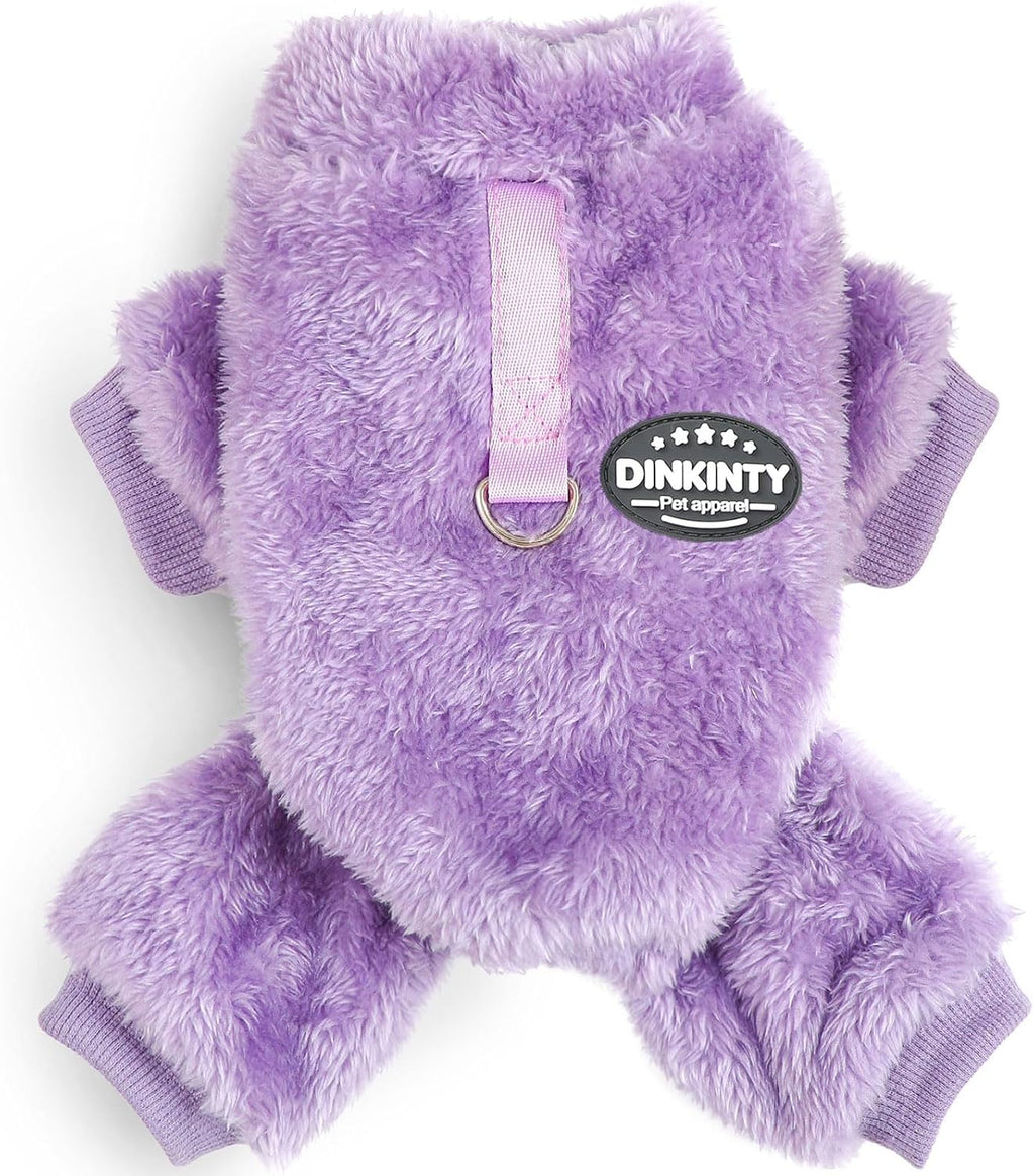 Dinkinty full coverage fleece pajamas for small breeds providing indoor winter warmth.