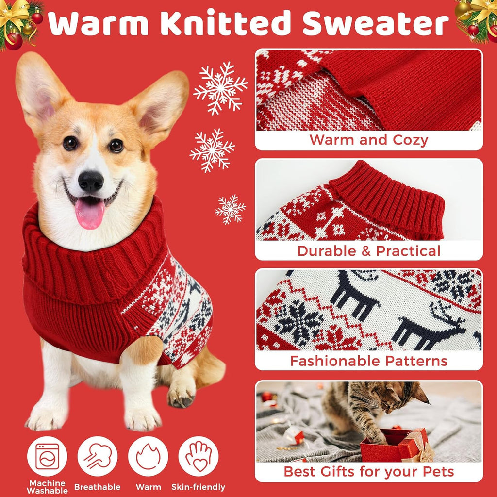 Close up view of the cozy double knitted turtleneck collar on the holiday pet outfit.