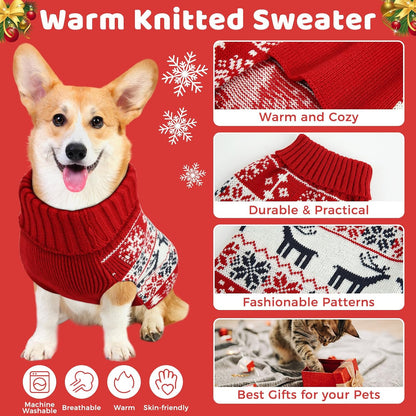 Close up view of the cozy double knitted turtleneck collar on the holiday pet outfit.