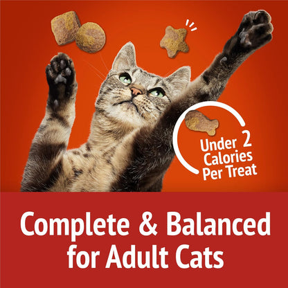 Adult cat crunchy treats packaging displaying dental benefits and tartar control features