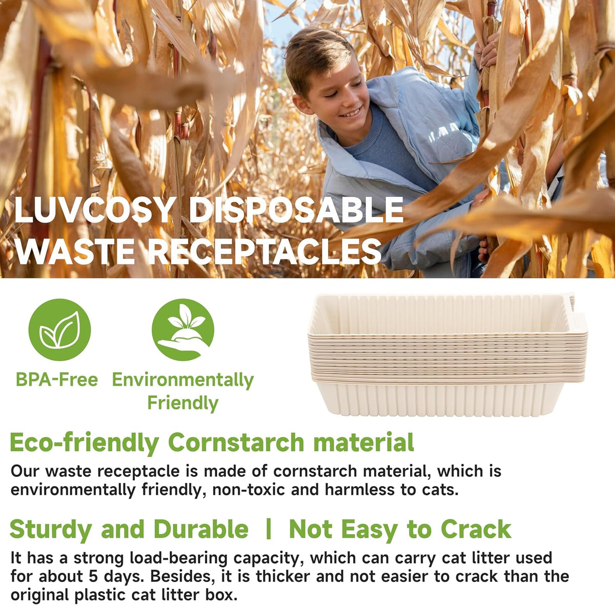 Stacked Luvcosy disposable litter trays for easy storage