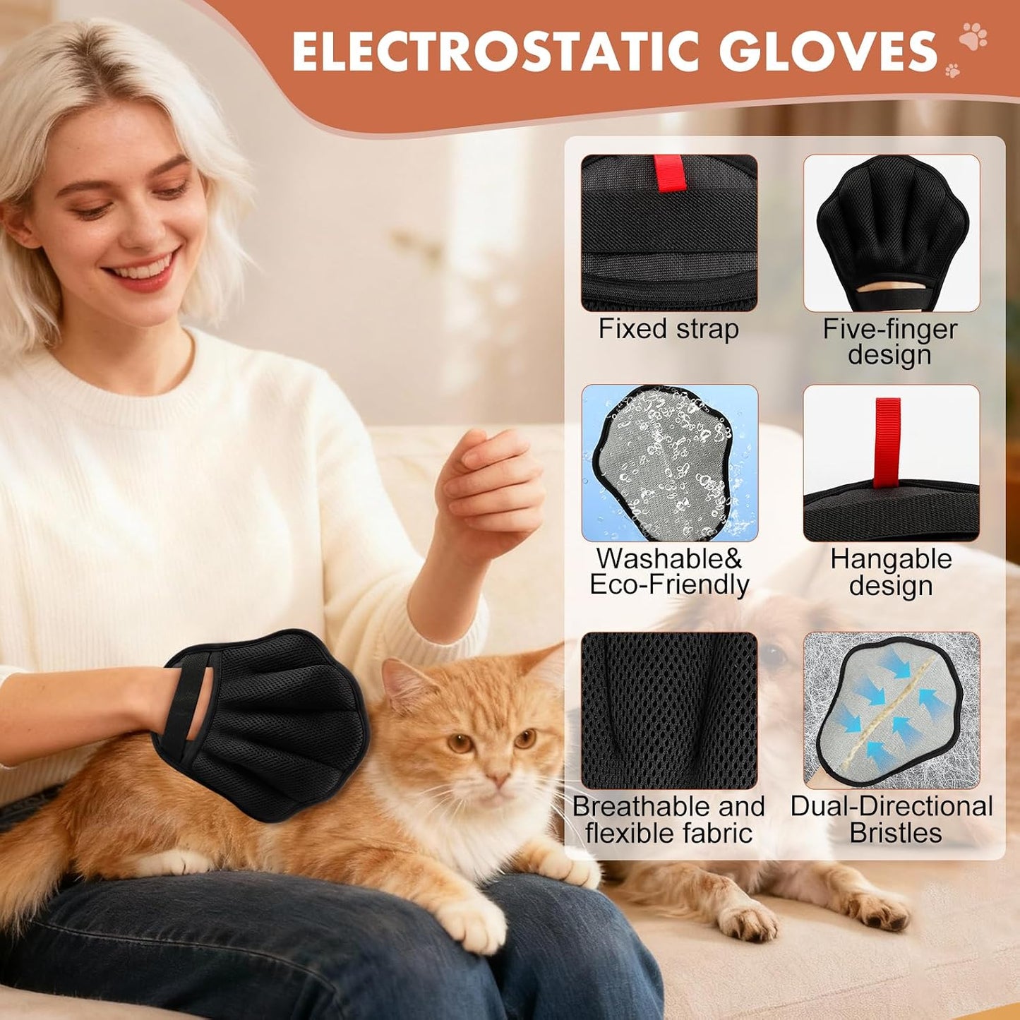 Electrostatic cat and dog hair remover glove palm detail