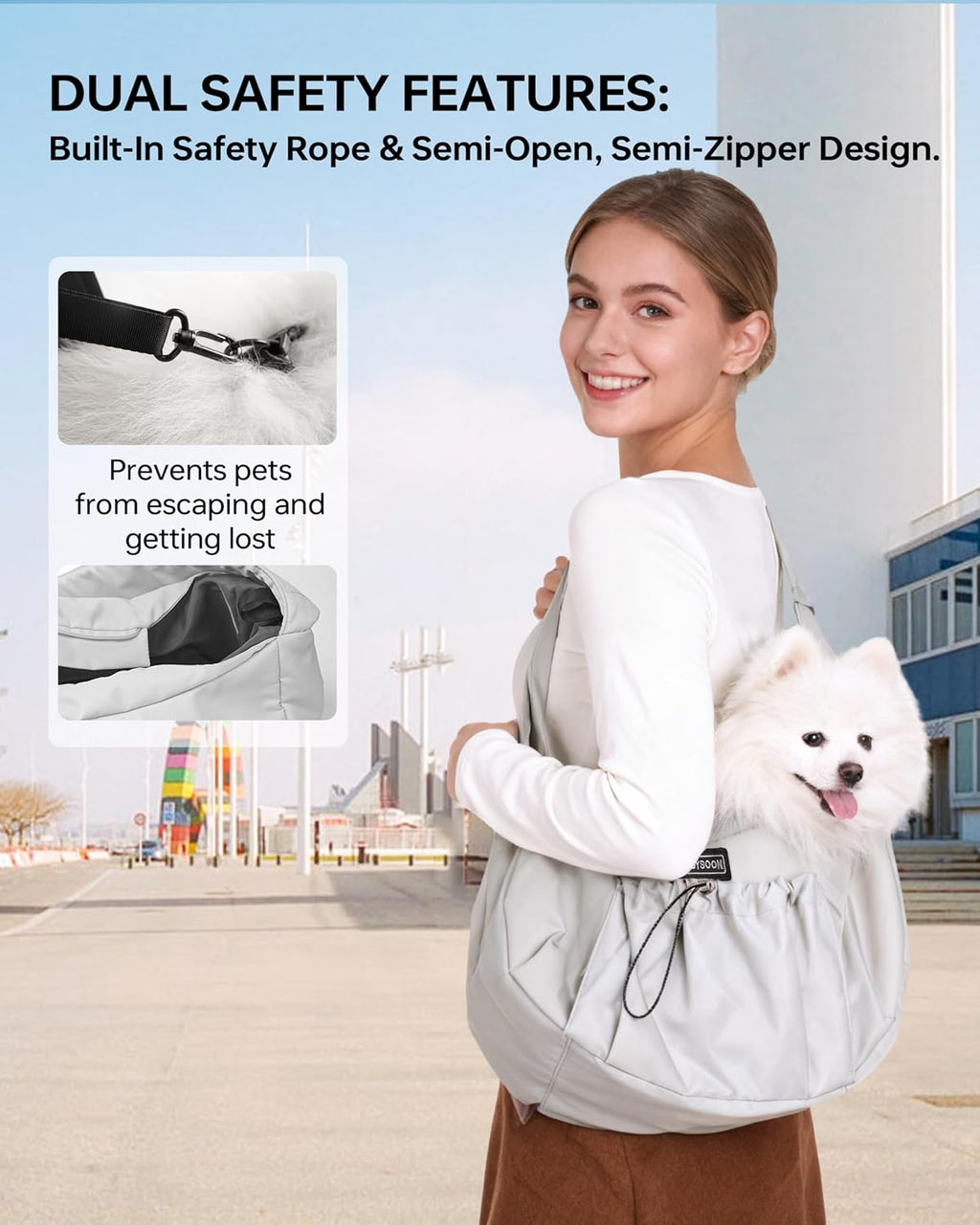 Close up of Moysoon pet sling adjustable shoulder strap