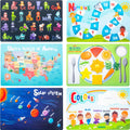 Hapinest Reusable Non Slip Educational Placemats front view showing six different learning themes for children.
