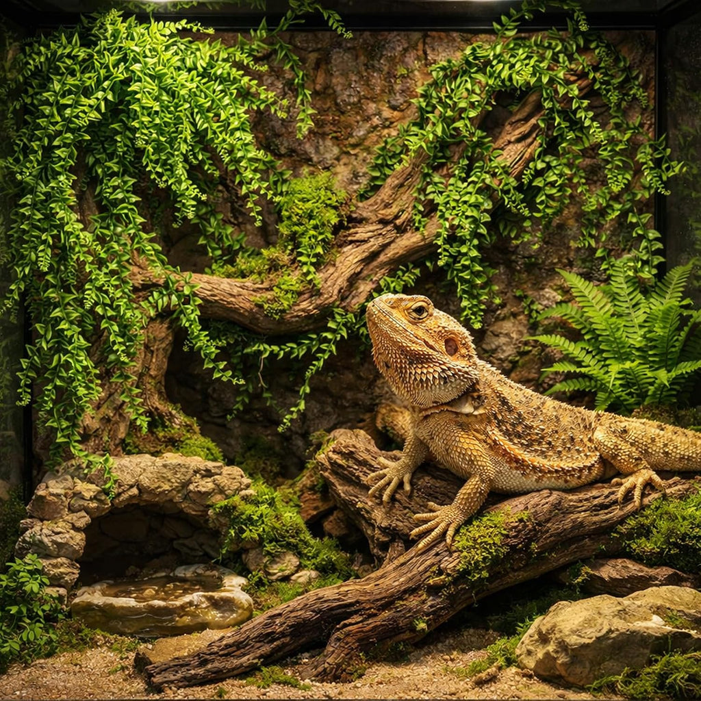 Hercocci reptile plants arranged inside a glass reptile tank setup.