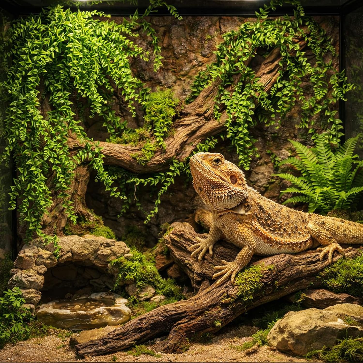 Bearded dragon exploring around Hercocci artificial vines