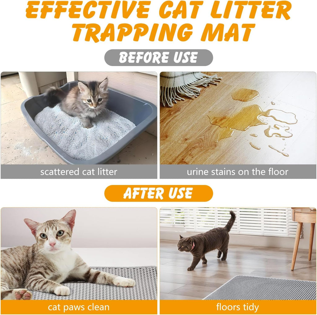 Cat stepping out of litter box onto soft Ondware gray mat safely