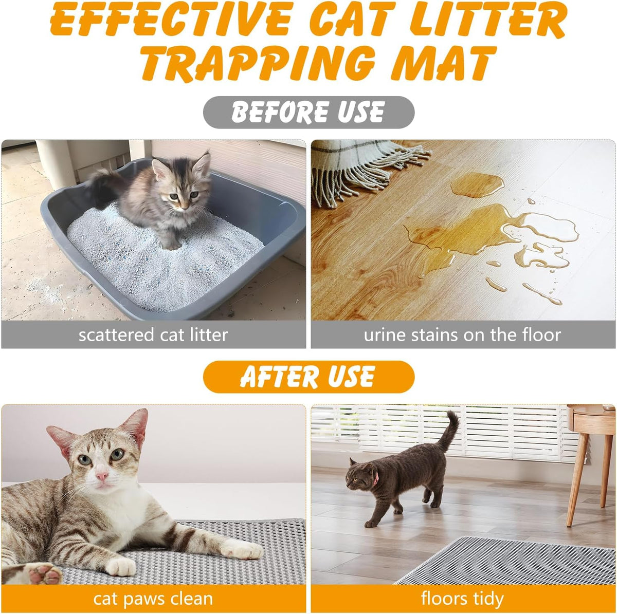 Cat stepping out of litter box onto soft Ondware gray mat safely