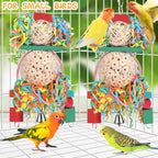 BBjinronjy sola ball bird toy hanging in a cage with colorful paper