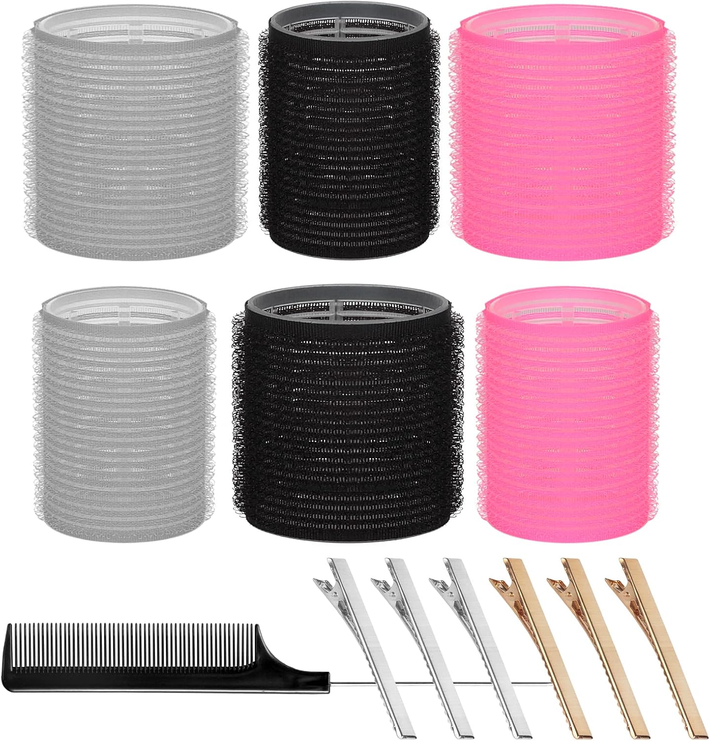 ARTIRNANOG heatless hair curler rollers set front view featuring pink self grip jumbo rollers and clips