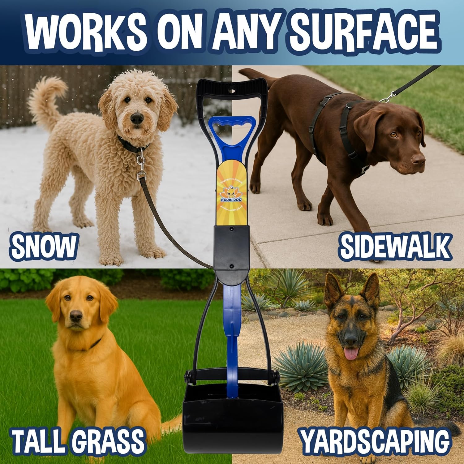 Close up view of the dual spring tension jaws on the blue pooper scooper.