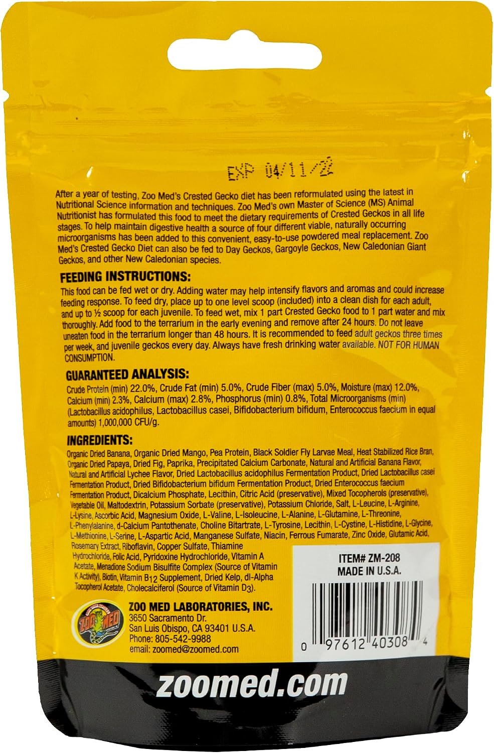 Zoo Med powdered reptile food packaging label details