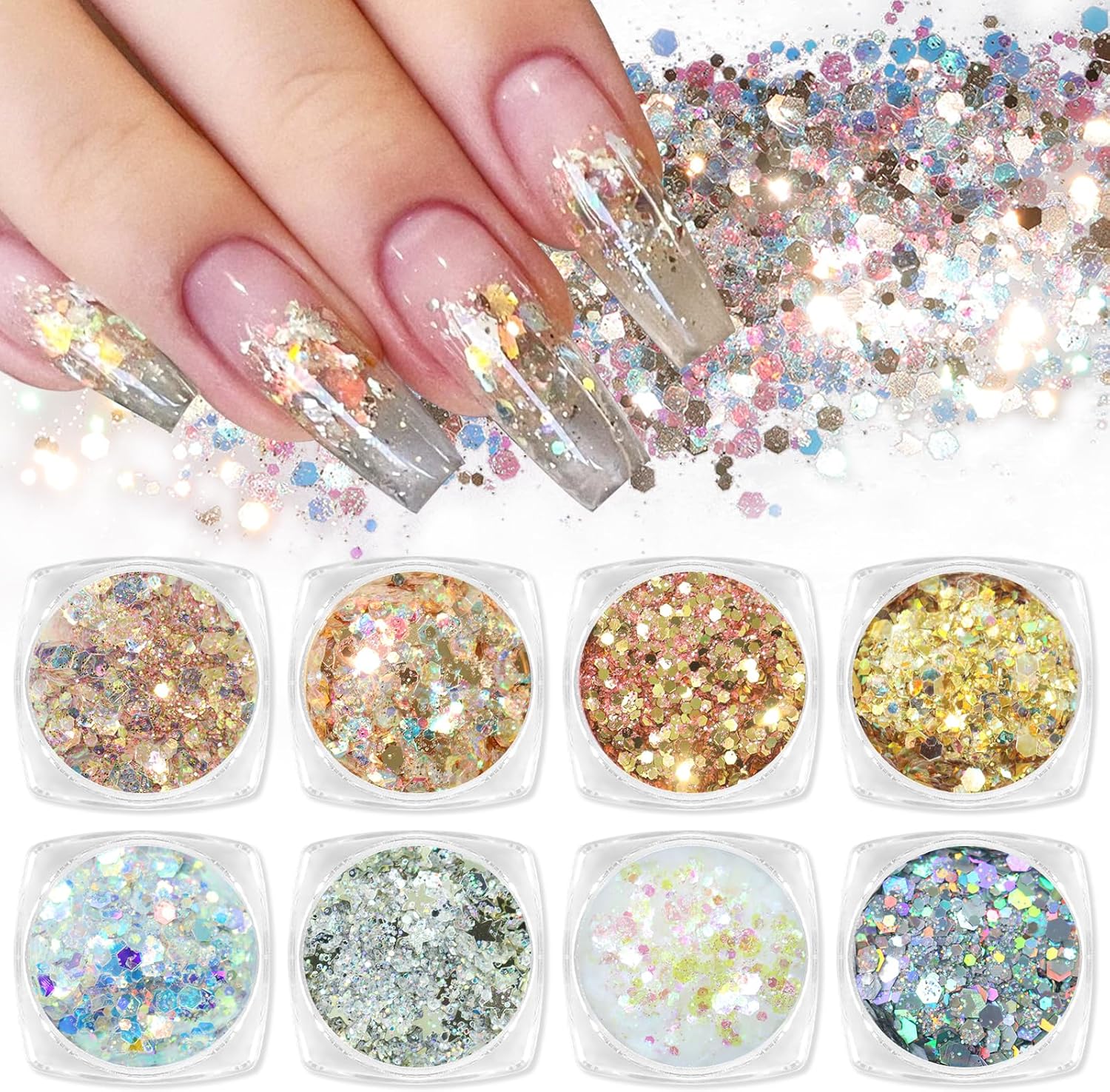 Laza 8 Colors Nail Art Glitter kit front view showing assorted iridescent shades.