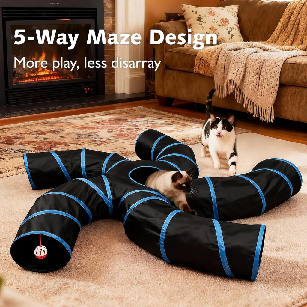 Joytale interactive pet tube toy displaying the central top peekaboo hole and hanging mouse pendant.