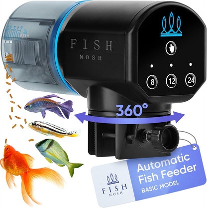 FISHNOSH automatic fish feeder front view over a tropical aquarium tank.