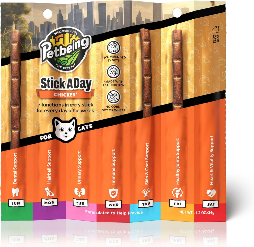 Petbeing 7 in 1 wellness cat treats showing real salmon and chicken flavors