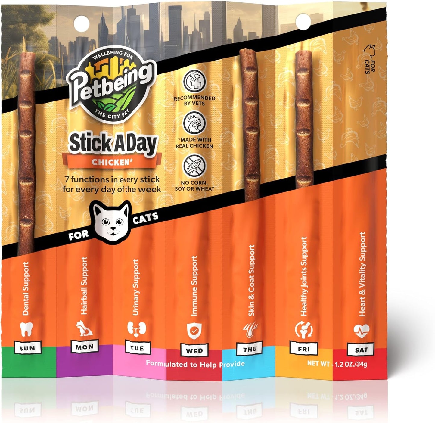 Petbeing 7 in 1 wellness cat treats showing real salmon and chicken flavors
