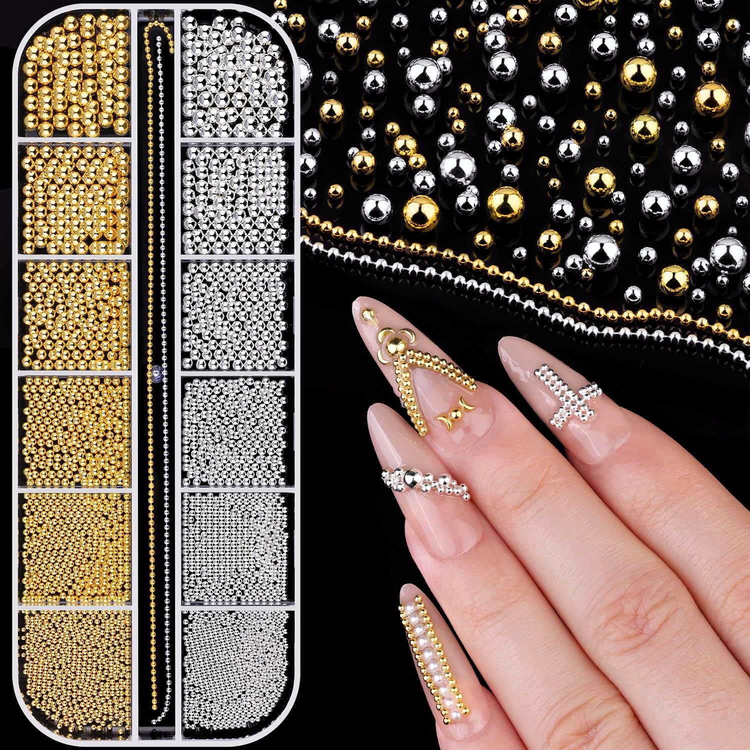 Belleboost gold and silver metal caviar nail beads in 12-grid box front view