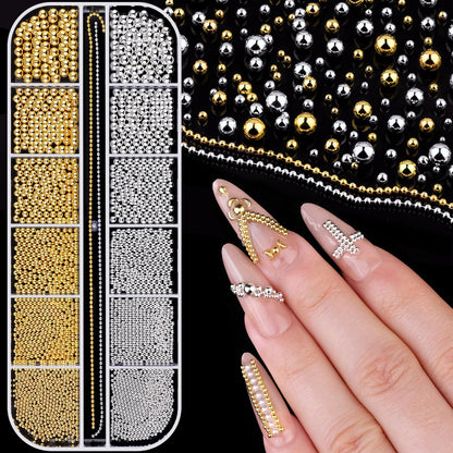 Belleboost gold and silver metal caviar nail beads in 12-grid box front view