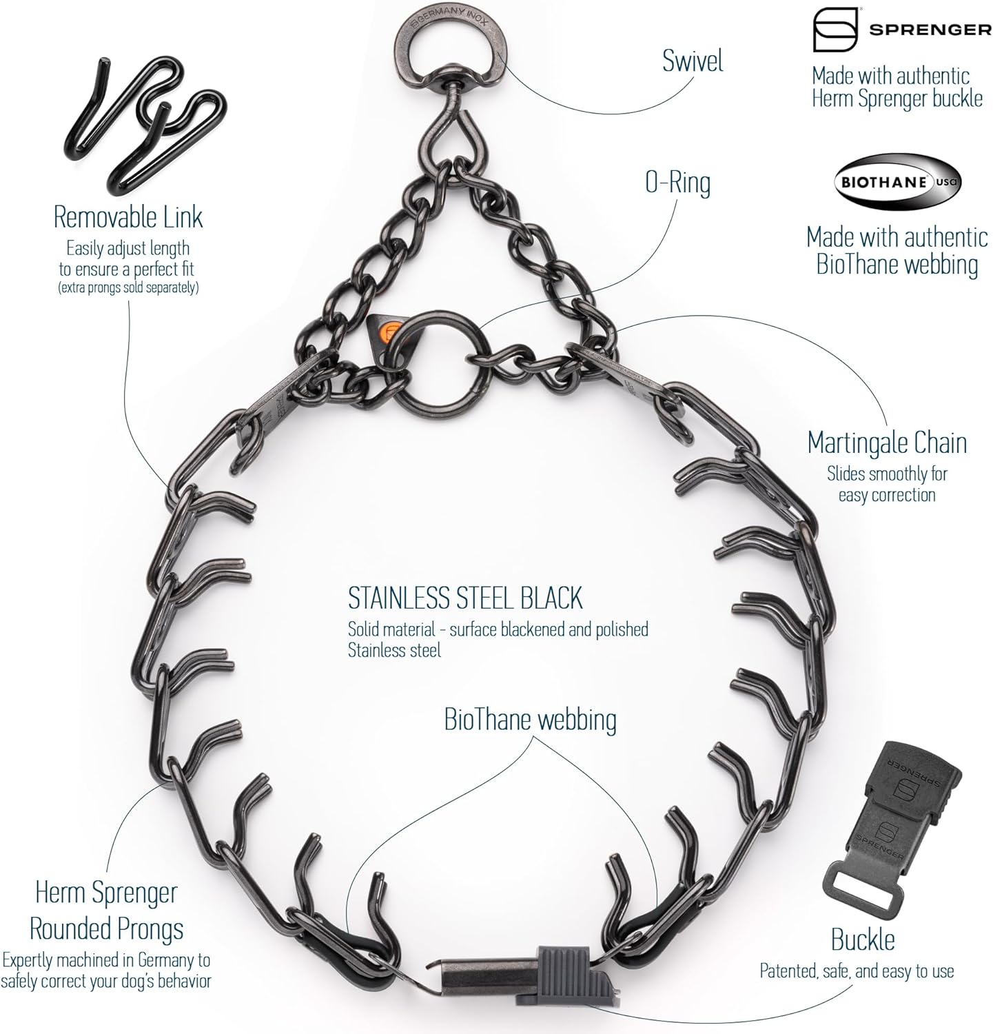 Herm Sprenger 3.0mm dog training collar emphasizing the short links and black stainless steel material.