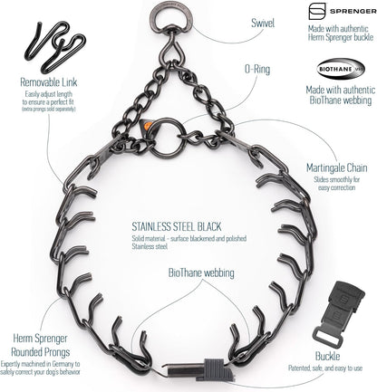 Herm Sprenger 3.0mm dog training collar emphasizing the short links and black stainless steel material.