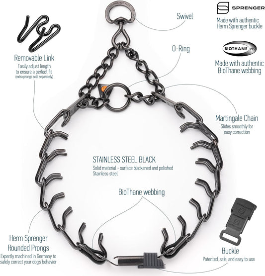 Herm Sprenger 3.0mm dog training collar emphasizing the short links and black stainless steel material.
