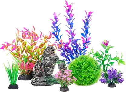 Ameliade aquarium artificial plastic plants and rock cave decor set front view for fish tank customization