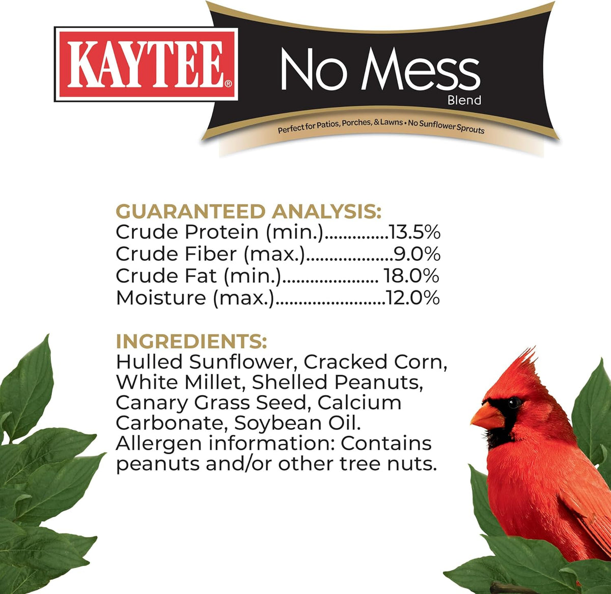 Cardinal bird eating from a feeder filled with Kaytee No Mess seed blend.