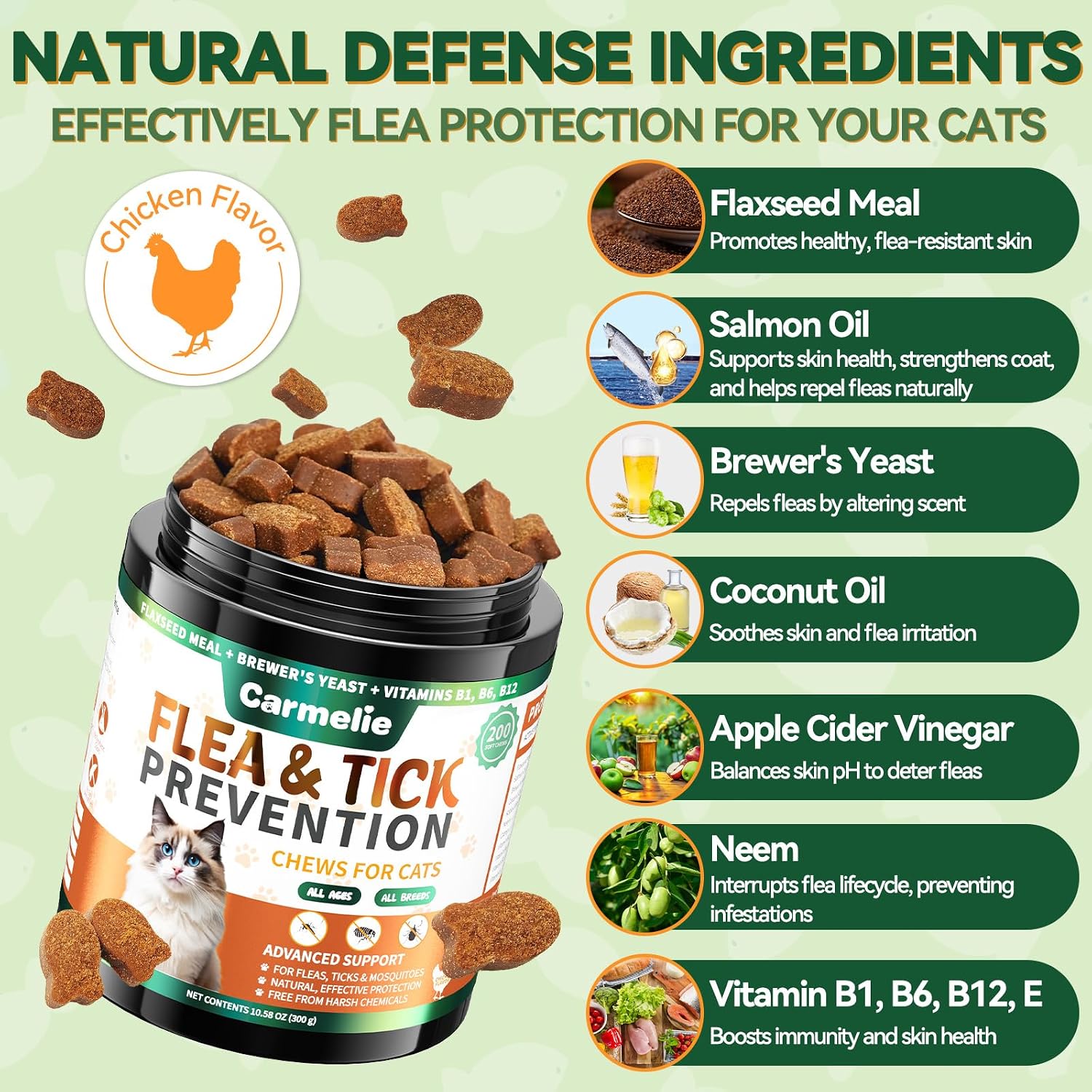 Natural oral flea and tick defense supplement for kittens and adult cats