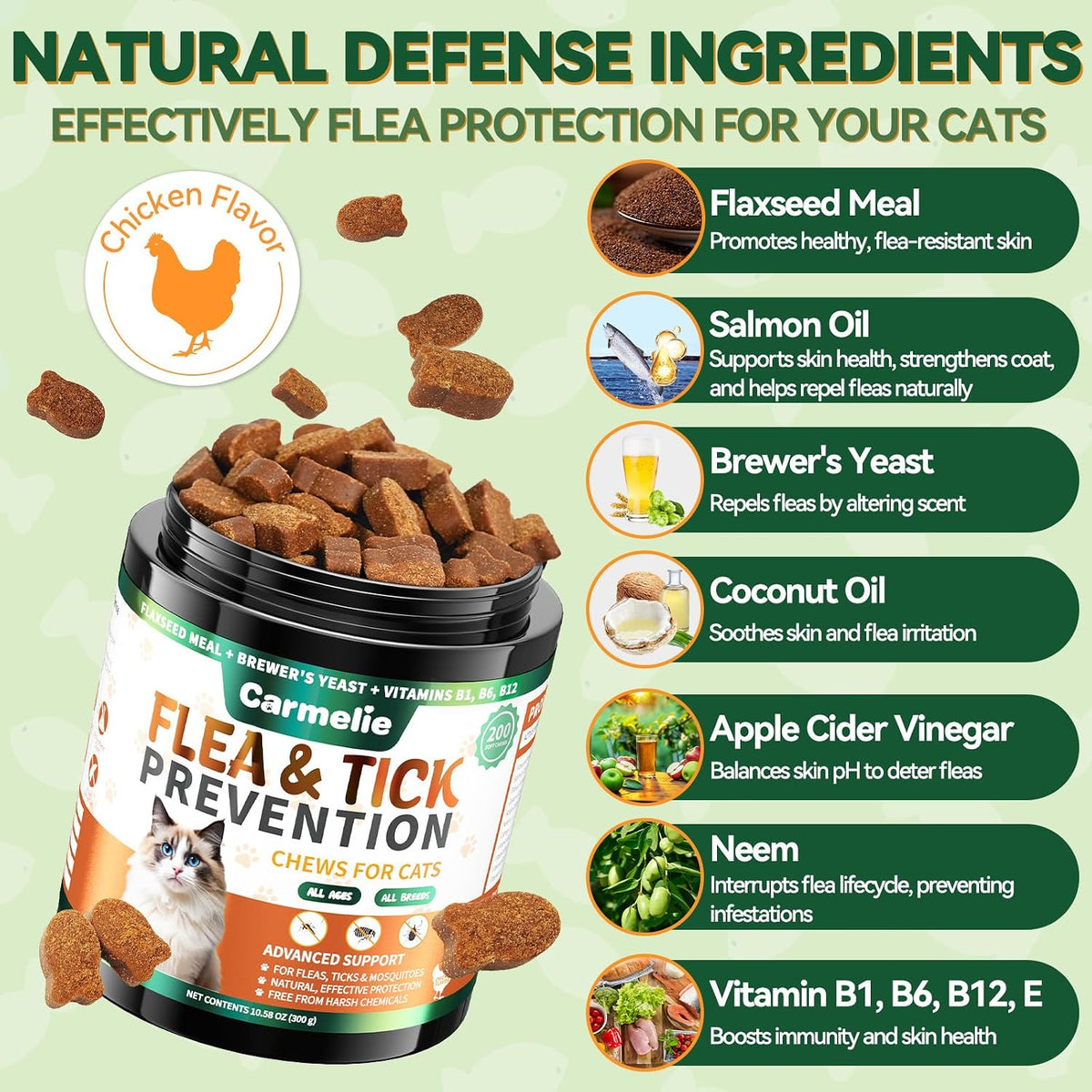 Natural oral flea and tick defense supplement for kittens and adult cats