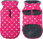 Small dog wearing red Petglad winter snow vest