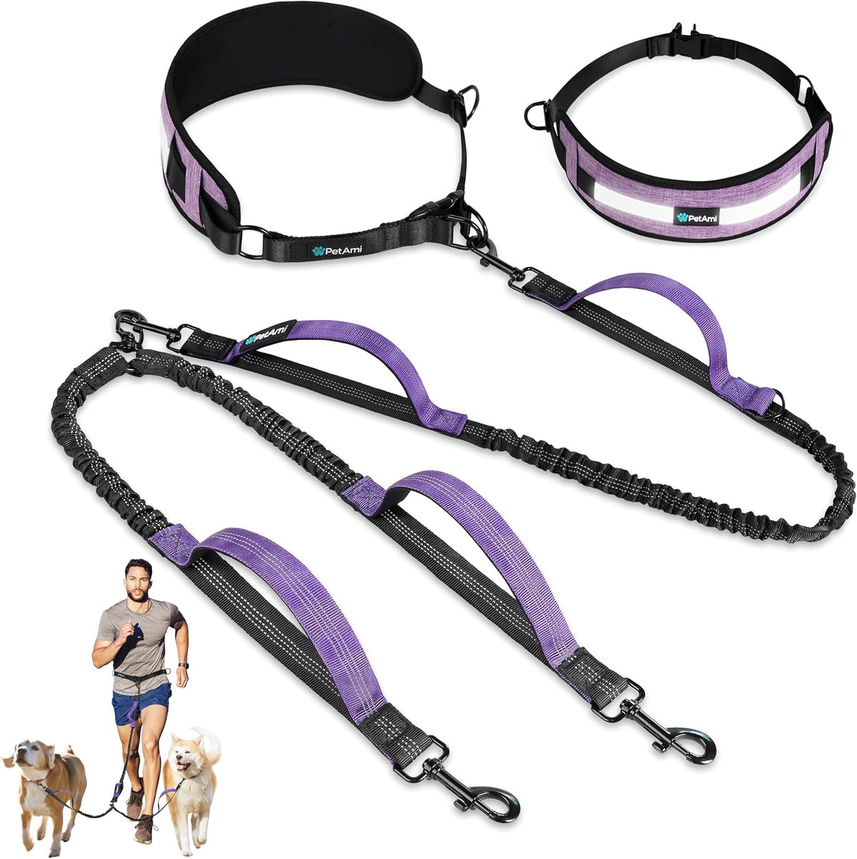 PetAmi hands free double dog leash front view showing purple padded lumbar waist belt.