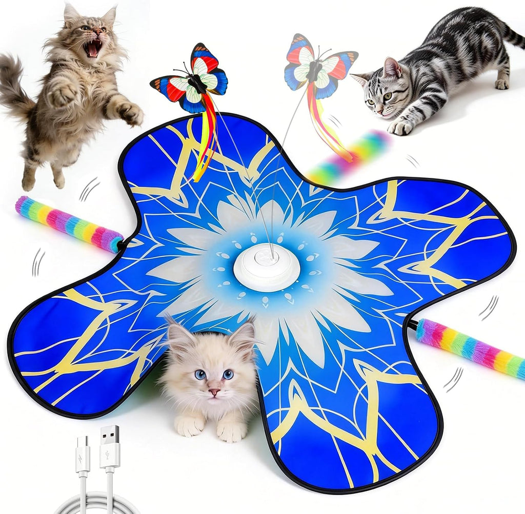 Hide and Seek Cat Toy Mat, 3-in-1 Interactive Cat Toys for Indoor Cats with Fluttering Butterfly & Moving Concealed Feathers, 3 Prey Sounds, Rechargeable Auto Play Mat for Bored Adult Cats & Kittens - Image 9