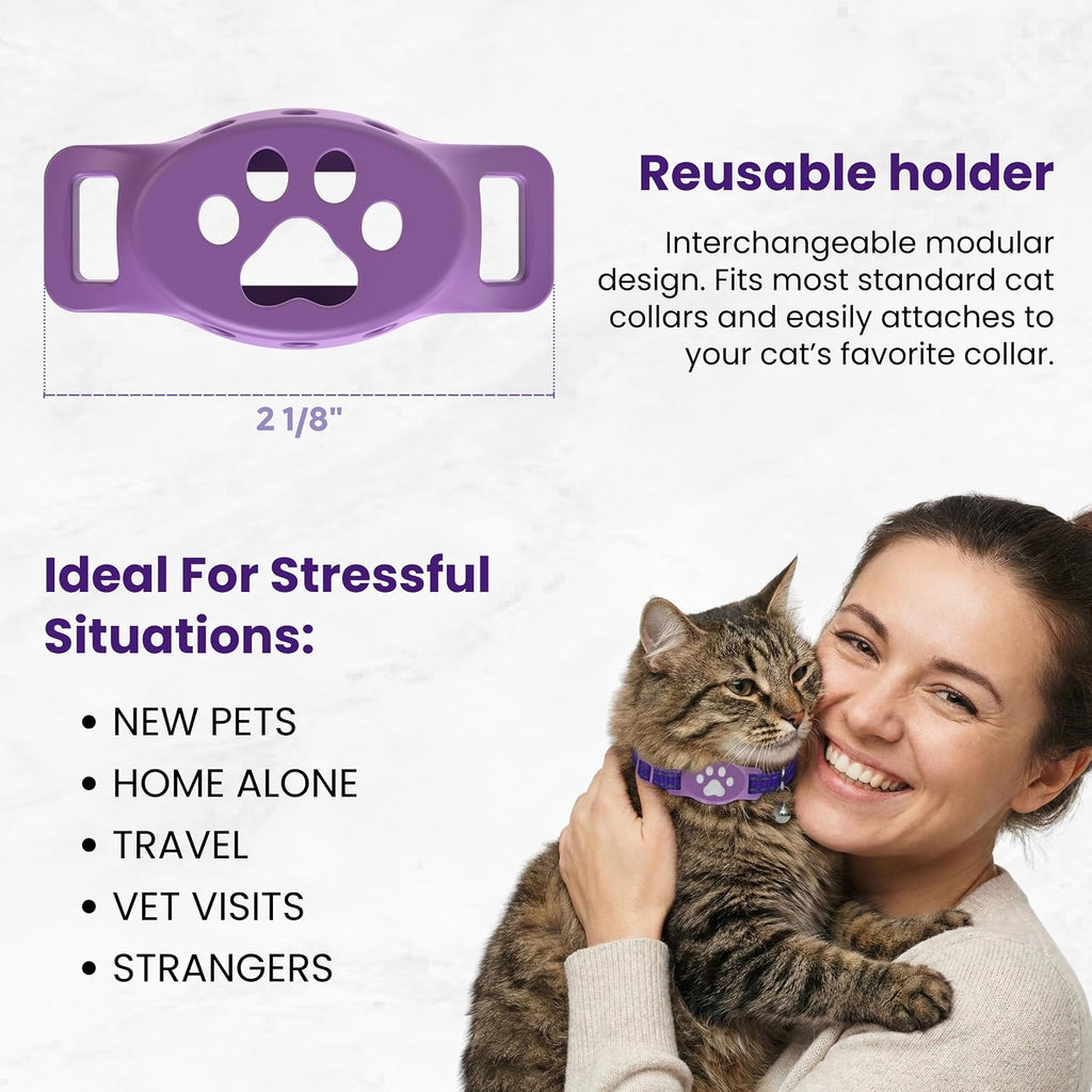 Adjustable purple silicone cat collar with paw print pheromone diffuser tag detail.