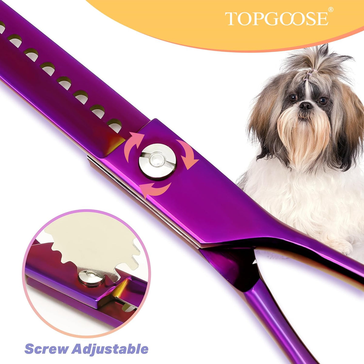 Purple dog thinning shears with specialized teeth for blending pet fur