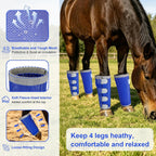 High visibility reflective strips illuminated on the blue OaheLake horse leg protectors.