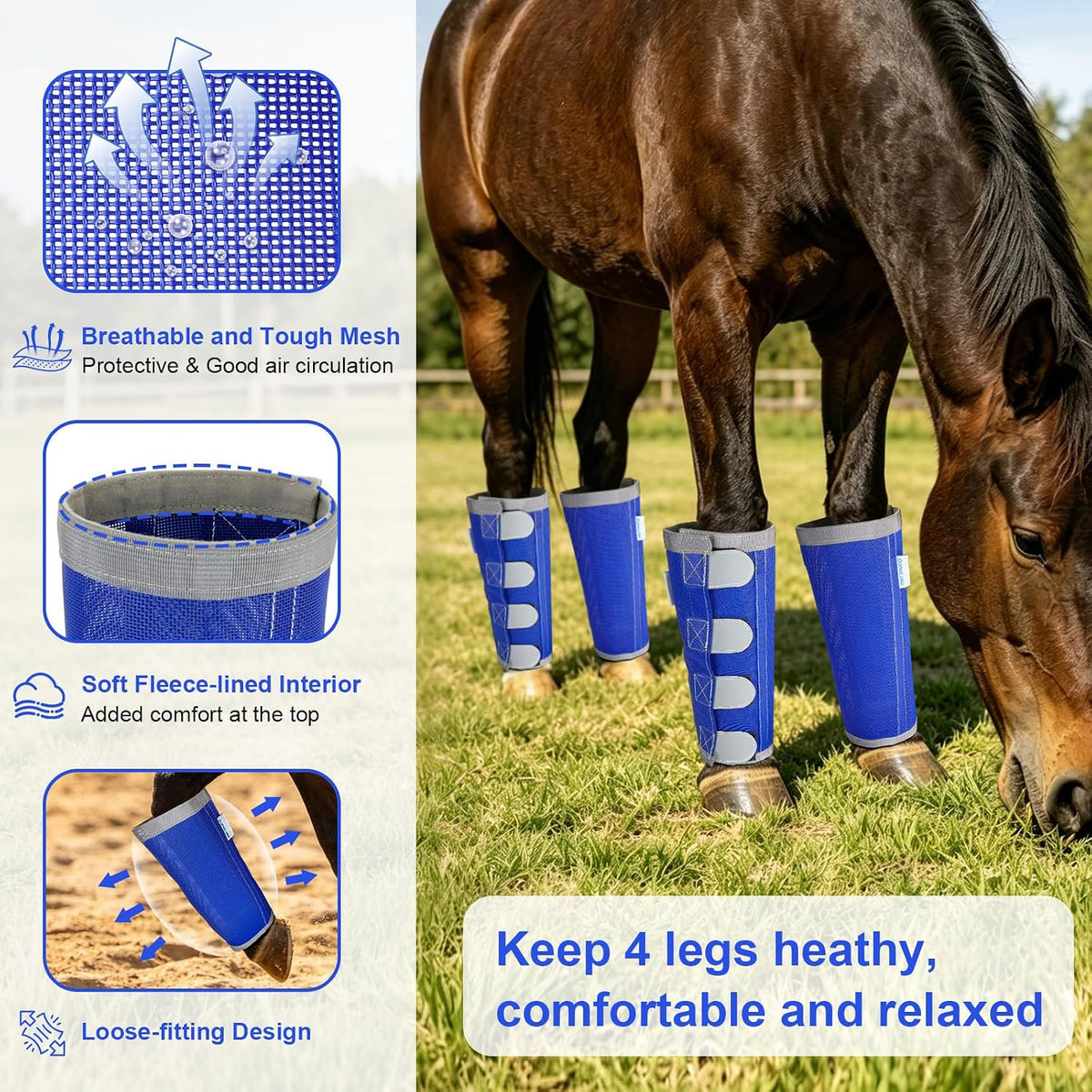 High visibility reflective strips illuminated on the blue OaheLake horse leg protectors.