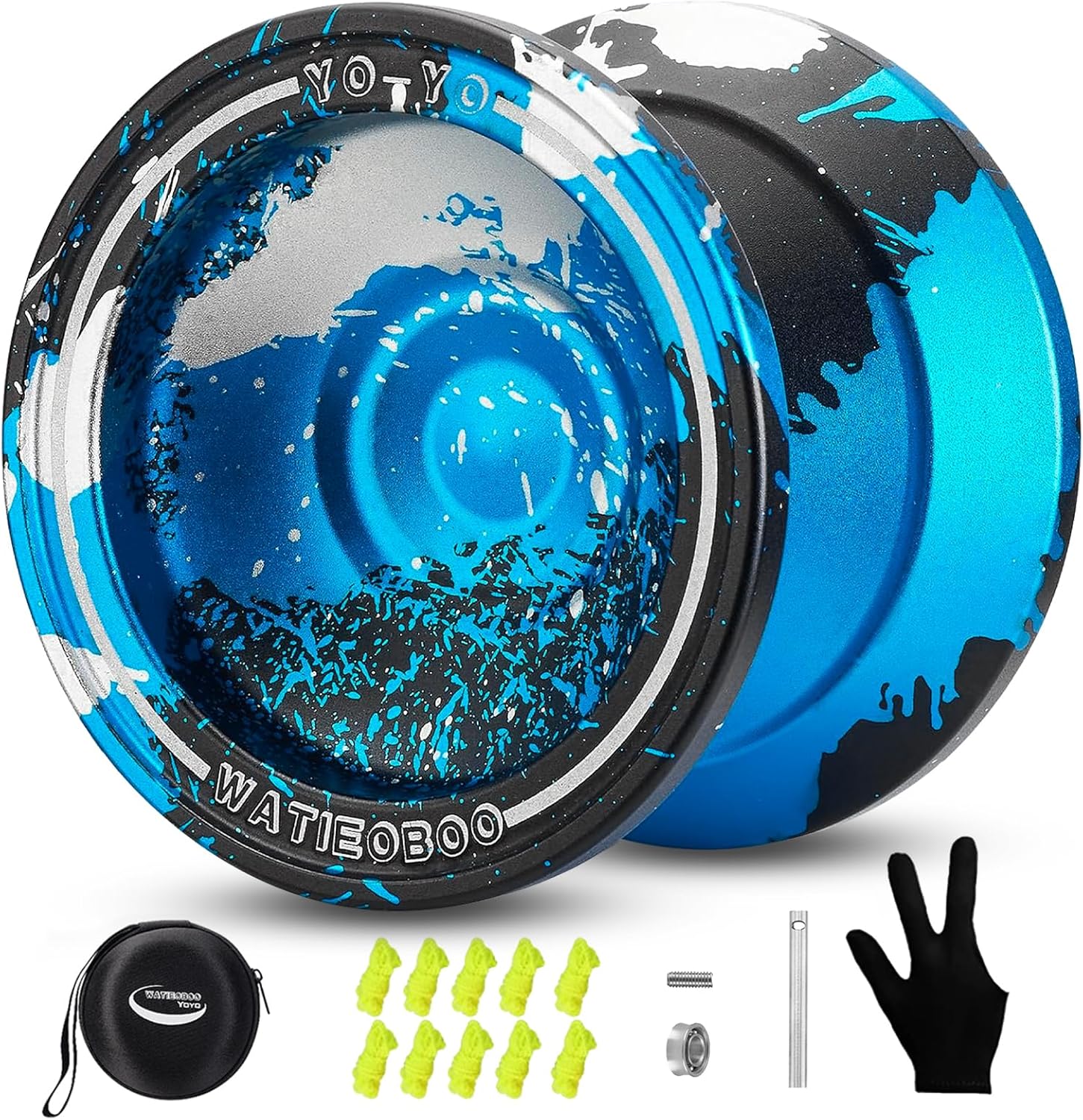 WATIEOBOO M18 professional metal yoyo front view with blue and black splash design