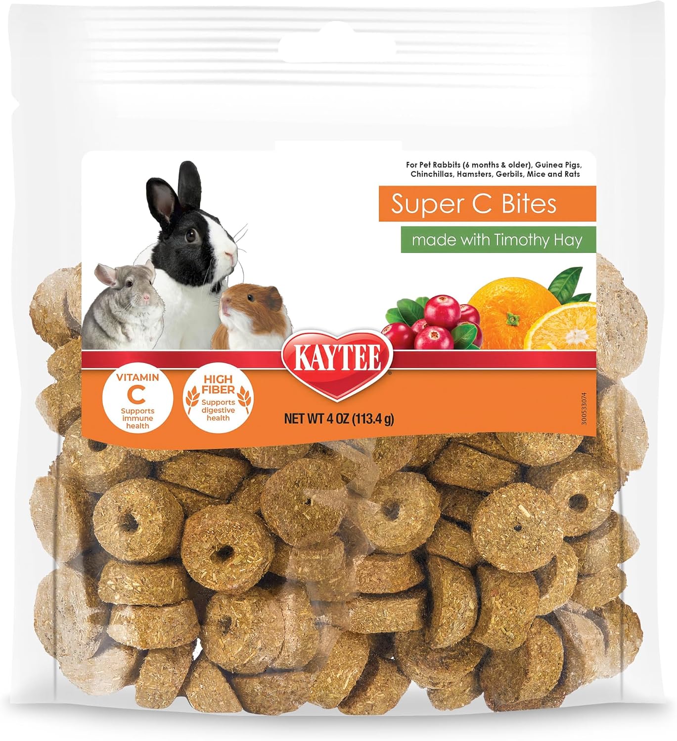 Kaytee Super C Bites package front view showing cranberry and orange flavor treats for small animals.